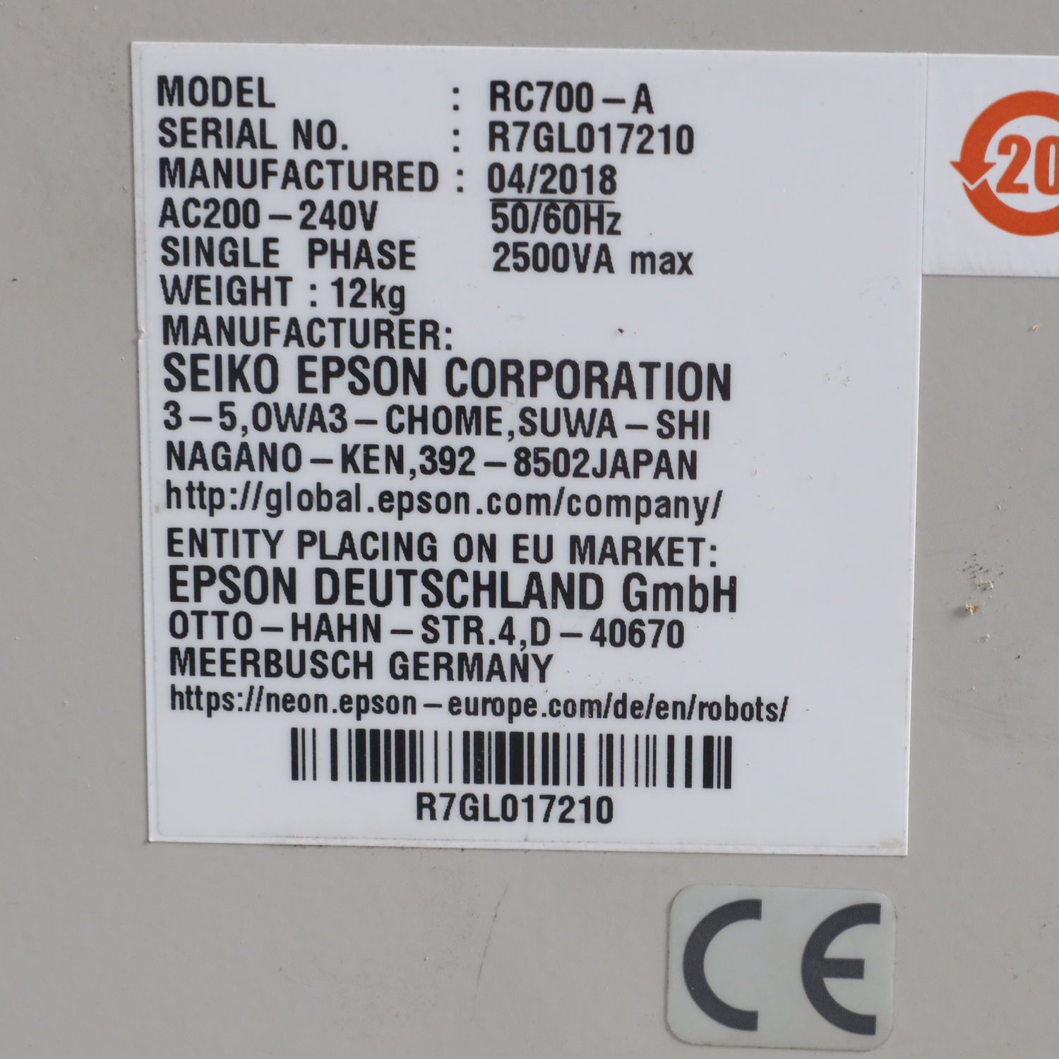 EPSON SCARA G10-854SR +EPSON RC700-A + EPSON TP3 Teach Pendant